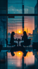 Foto verticale di una riunione in ufficio al tramonto