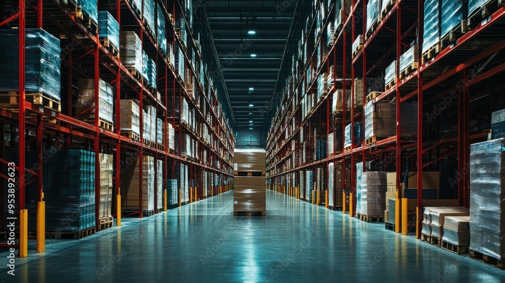 Aufkleber Rows of stacked boxes in a large warehouse with a pallet in the center aisle