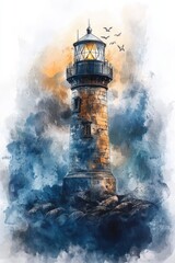 Watercolor Lighthouse Illustration with Vignetting. Handmade Art of Stormy Seascape