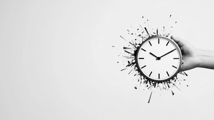 Hand with a broken wristwatch showing digital time, representing disruption in worklife balance, Futuristic, Monochrome