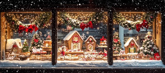 Festive Christmas Bakery Window Display with Gingerbread Houses, Christmas Cookies, and Fairy Lights © spyrakot