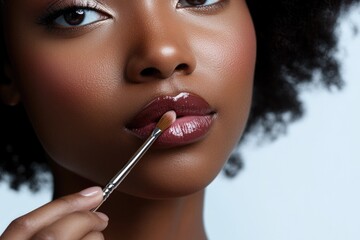 African American Lipgloss. Dark-skinned Woman Applying Glossy Lipstick with Brush