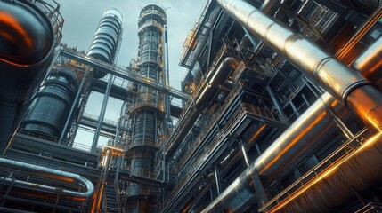 Low Angle View of Industrial Plant with Large Cylinders