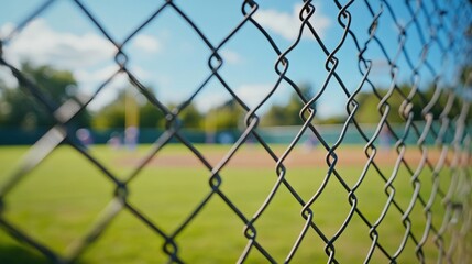 Fototapeta premium Baseball Field Outfield Fence. Youth Baseball Game with Batter Swinging Bat