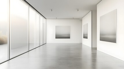 A minimalist gallery space featuring white walls and soft natural light, ideal for showcasing art pieces with ample copy space