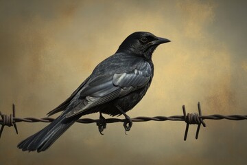 Obraz premium Brewers Blackbird in its Natural Habitat with Bird on Barbed Wire