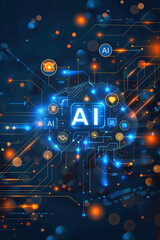 Digital AI Concept with Blue and Silver Circuits