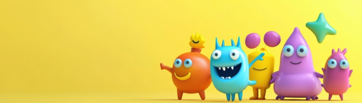 Colorful cartoon monsters on yellow background, playful and fun illustration for children, perfect for party or celebration designs.