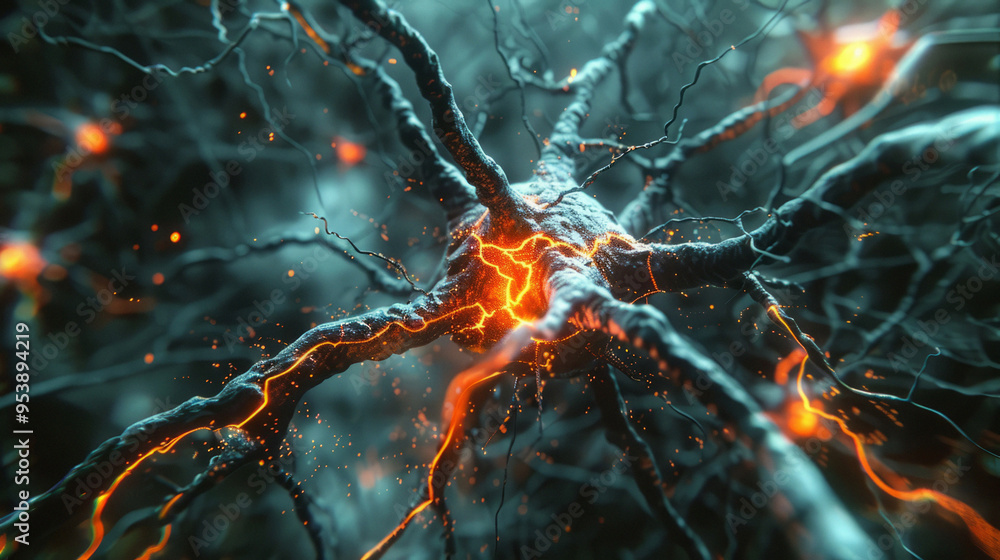 Poster concept of brain's neural network. a close up of a brain with many neurons. the neurons are glowing 