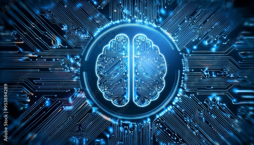 Poster intricate circuit board with illuminated brain symbol representing artificial intelligence technolog