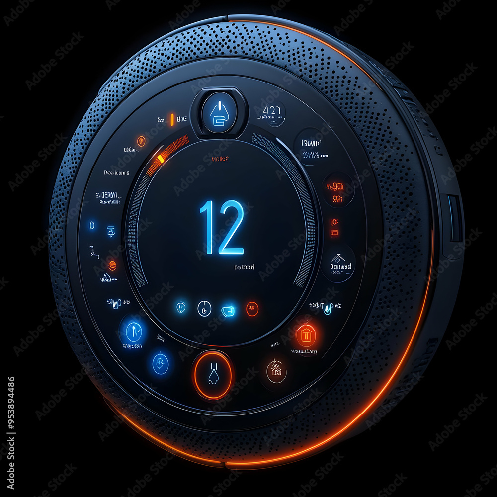 Poster futuristic circular interface with glowing buttons and display - 3d illustration
