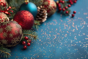 close up horizontal image of colorful shiny and glittery christmas decorations, balls fir twigs and pine cones, copy space