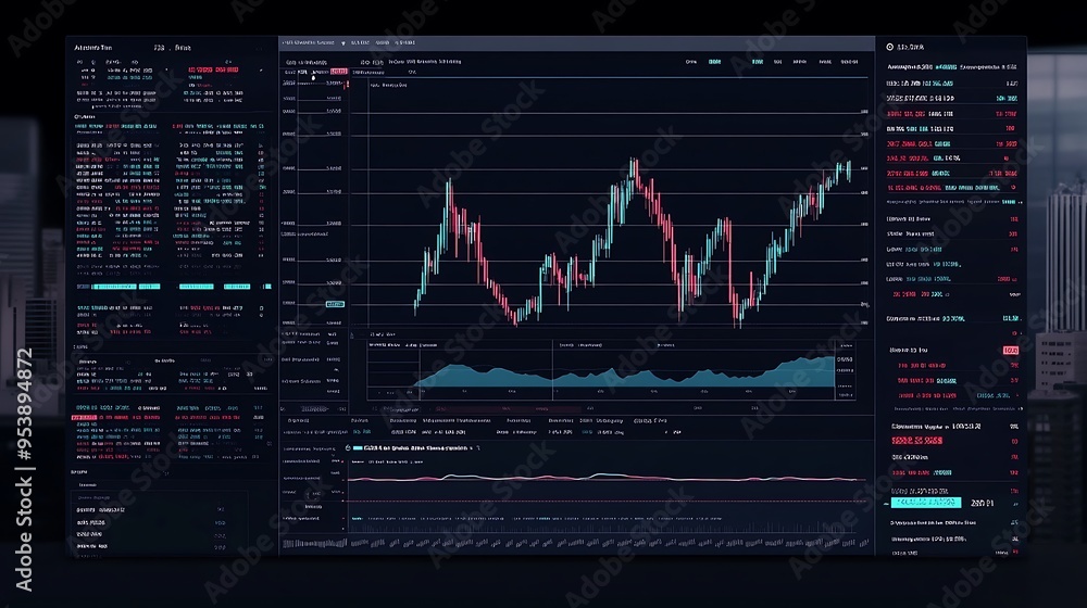 Aufkleber cryptocurrency trading platform with candlestick chart and data analysis