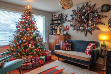 Vintage-Themed Living Room with Christmas Tree and Nostalgic Ornaments for Holiday Cheer