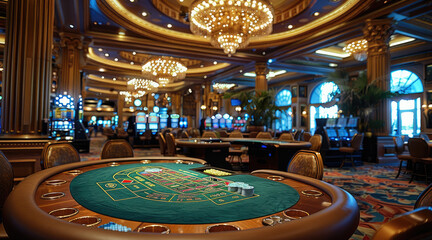 The interior of an upscale casino with a poker table and slot machines in the foreground. Generative AI.