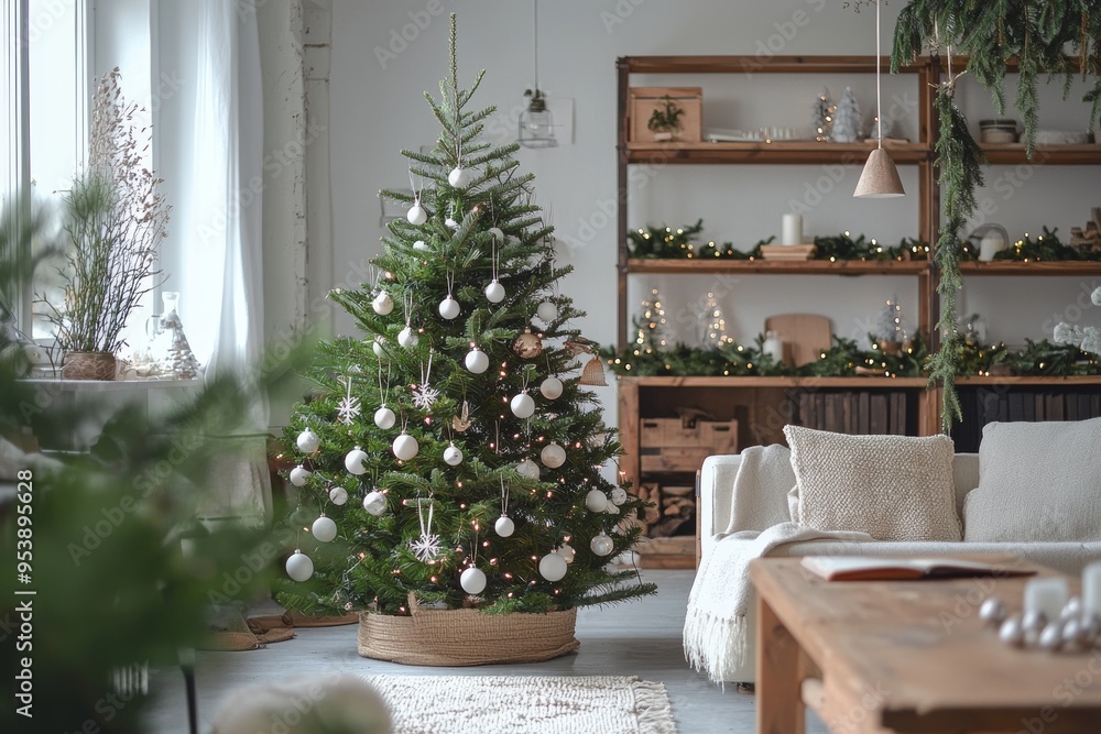 Wall mural Minimalist Christmas Tree in Cozy Scandinavian Living Room, Styled with Natural Earthy Tones