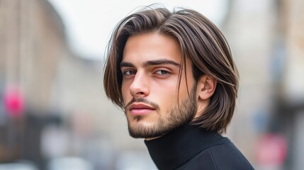Obraz premium A man with a beard and long hair is wearing a black shirt