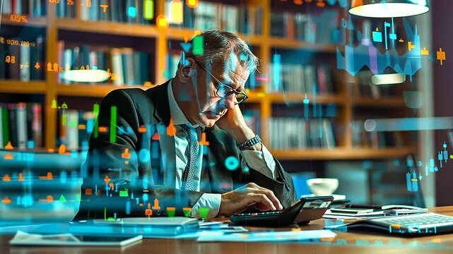 Against the backdrop of a modern office environment, a man in a business suit performs calculations on a calculator