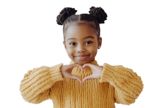 Little black girl making a heart sign with her hands dress with yellow pullover. Transparent background