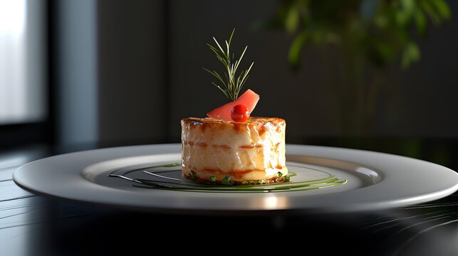 A 3D-rendered dish of gourmet food in a sleek modern presentation