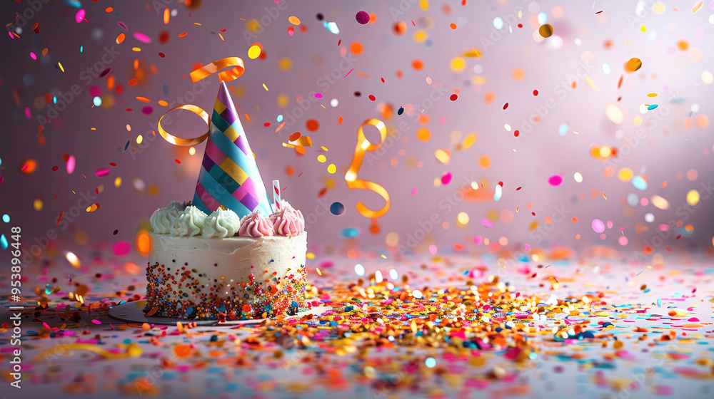 Poster birthday cap with cake confetti and serpentine explosion huge. copy space. generative ai.