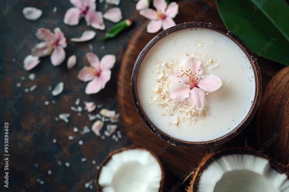 Wall mural coconut drink with pink flower