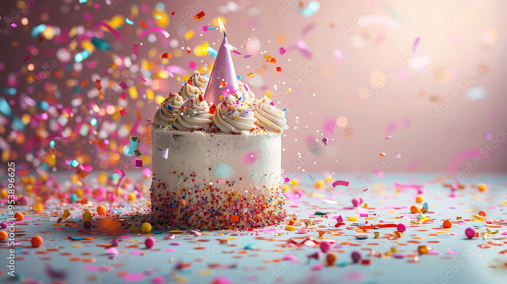 Poster birthday cap with cake confetti and serpentine explosion huge. copy space. generative ai.