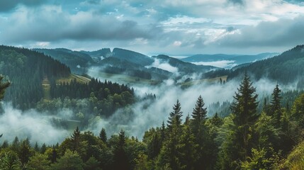 A misty, foggy forest with a cloudy sky above