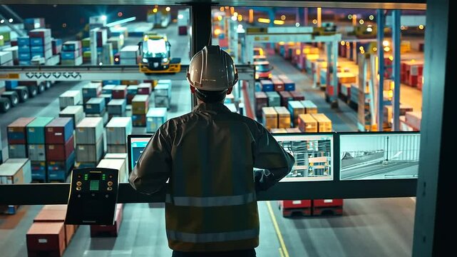a man in a construction helmet stands at the command center of a bustling logistics hub, orchestrating the efficient movement of goods