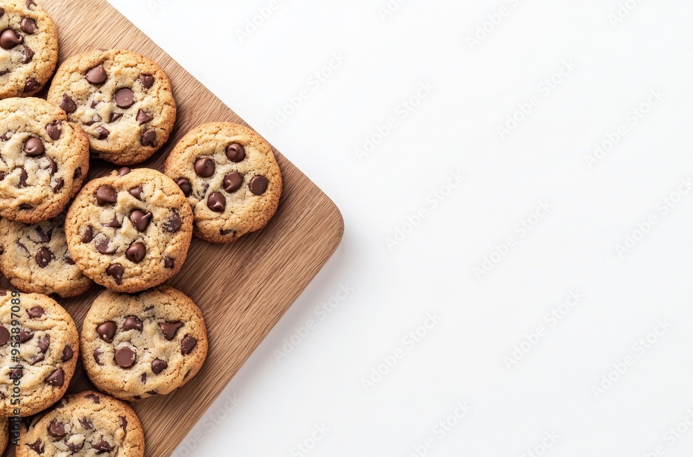 Wall mural Delicious Chocolate Chip Cookies on Wooden Board