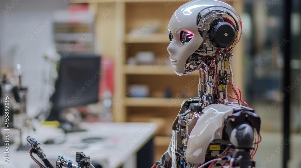 Poster humanoid robot with visible internal mechanism
