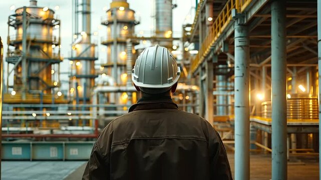 a man in a construction helmet stands at the epicenter of a sprawling industrial complex, where the fusion of manpower