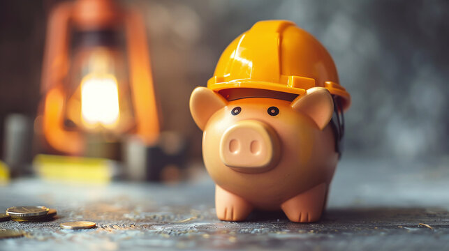 a piggy bank wearing a tiny hard hat, symbolizing savings and home protection