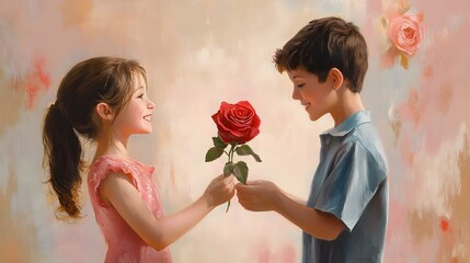 The boy's expression of excitement and hope as he offers a beautifully wrapped rose to the girl, who looks pleasantly surprised against a soft pastel backdrop