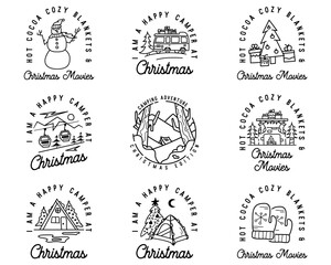Obraz premium Camping and hiking christmas badges set in line art style. Travel t shirt graphics with winter landscape, holidays elements. Stock logo label with quotes - happy camper at Christmas