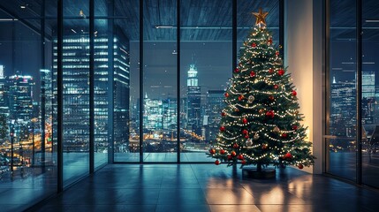Futuristic Christmas Tree in High-Tech Office Overlooking Cityscape - Festive Modern Ornament Design