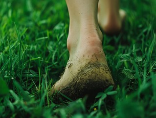 A foot stepping softly onto a lush green field, the scene capturing the gentle connection between nature and human touch