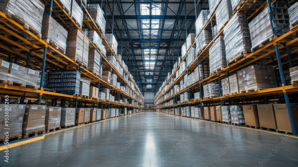 Poster rows of pallets stacked with cardboard boxes in a large warehouse