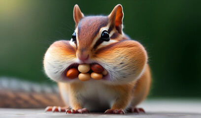 Watercolor A chipmunk with bulging cheeks, holding nuts in its paws