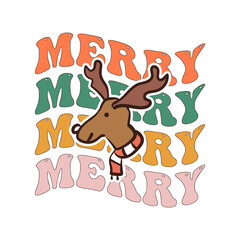 Groovy Christmas print with cute reindeer and quote-merry merry merry. Retro Christmas graphics. Stock clipart