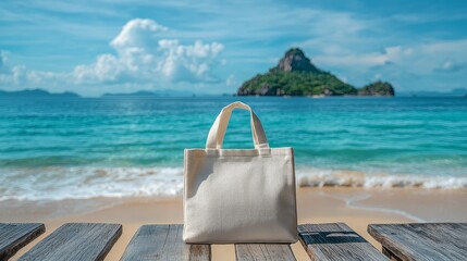 Tatami Bag on Wooden Deck Beach and Island in Background Tote bag