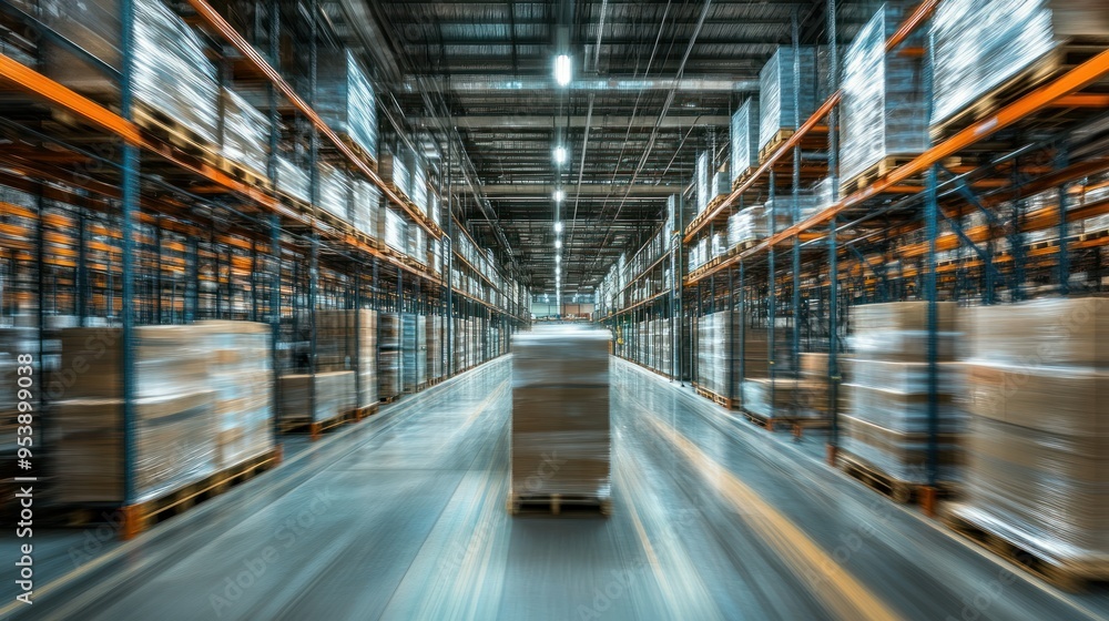 Poster motion blur of a warehouse with rows of shelving and a pallet jack in the center