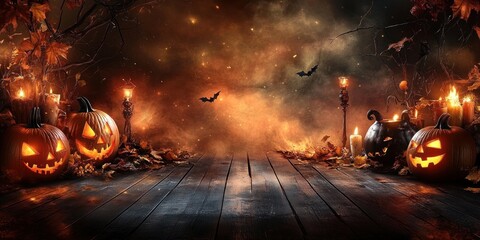 Fototapeta premium Halloween pumpkins glowing on a spooky night background