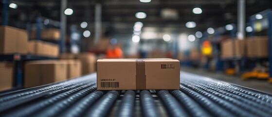 Conveyor rollers with boxes positioned ready for courier delivery and dissemination