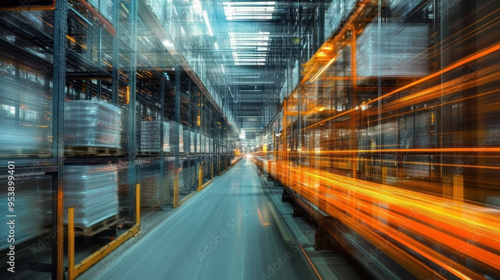 Poster abstract representation of a fast-moving warehouse conveyor system