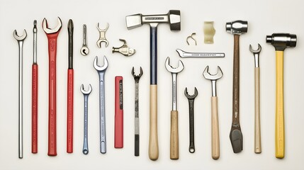 Fototapeta premium A collection of various hand tools including hammers, wrenches, and screwdrivers arranged neatly on a light solid color background