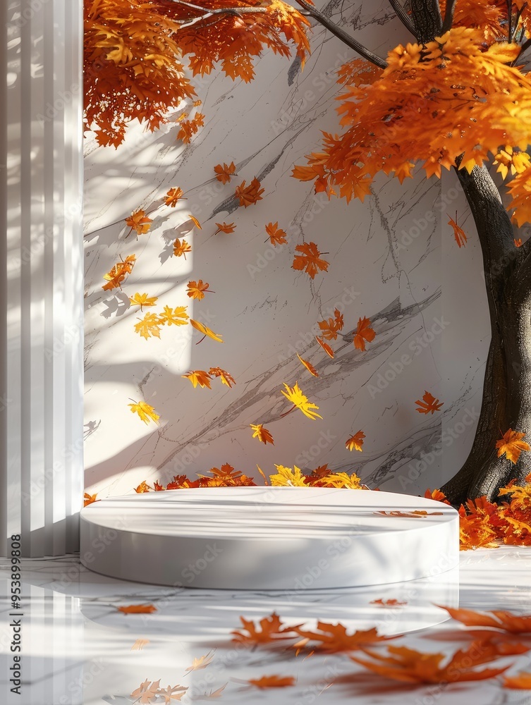 Aufkleber A podium for product display with autumn leaves in the background. Generative AI.