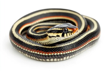 Garter Snake on White Background. Common Eastern Garter Snake Coiled with Sinuous Stripes