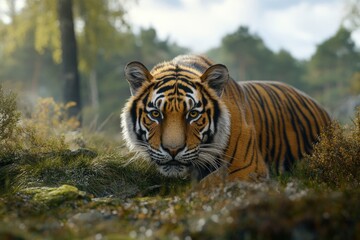 Fototapeta premium Tiger Walking Through Lush Green Forest