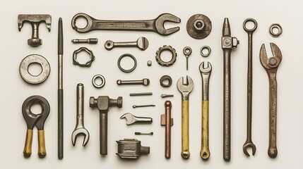 Fototapeta premium A collection of various mechanic tools arranged neatly on a light solid color background, emphasizing their details and textures